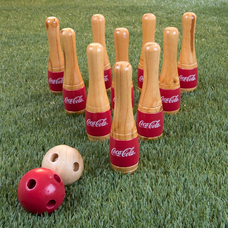 Coca-Cola Coca Cola Bowling Set â€“ Indoor and Outdoor Bowling Game for Adults and Kids â€“ 10 Wooden Pins, 2 Balls, and Mesh Carrying Bag by Hey Play (Red) - Image 5